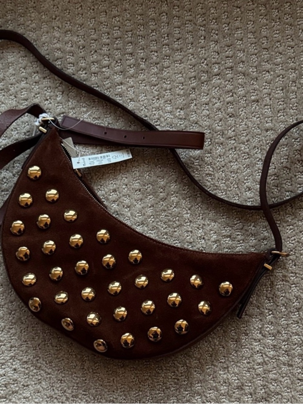 Madewell Brown Crescent Crossbody with Gold Studs